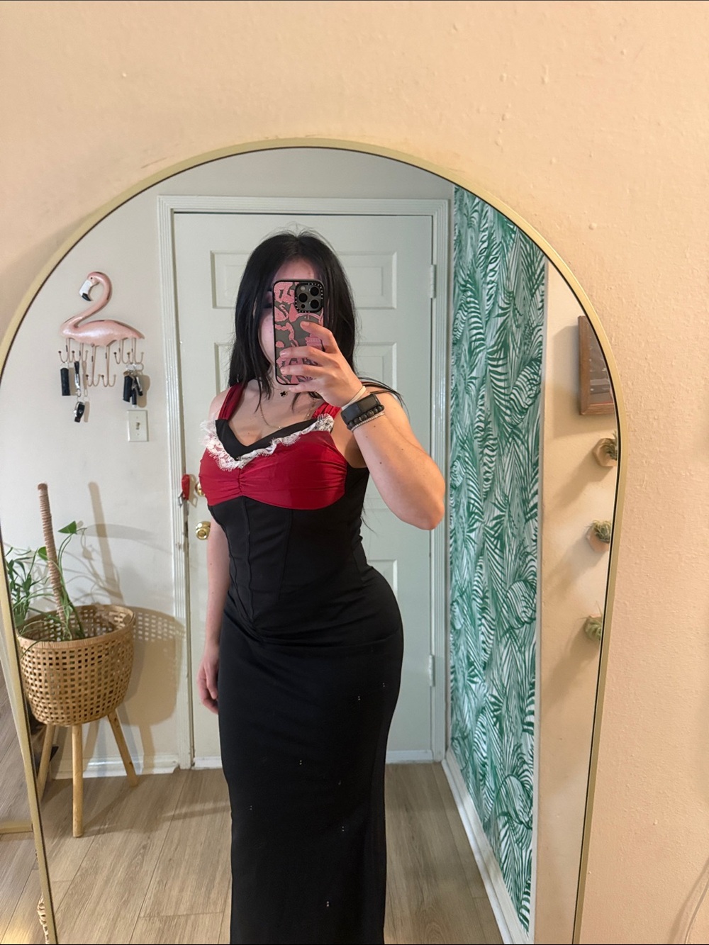 Retro Stage Two-Tone Black and Red Lace-Trim Midi Slip Dress